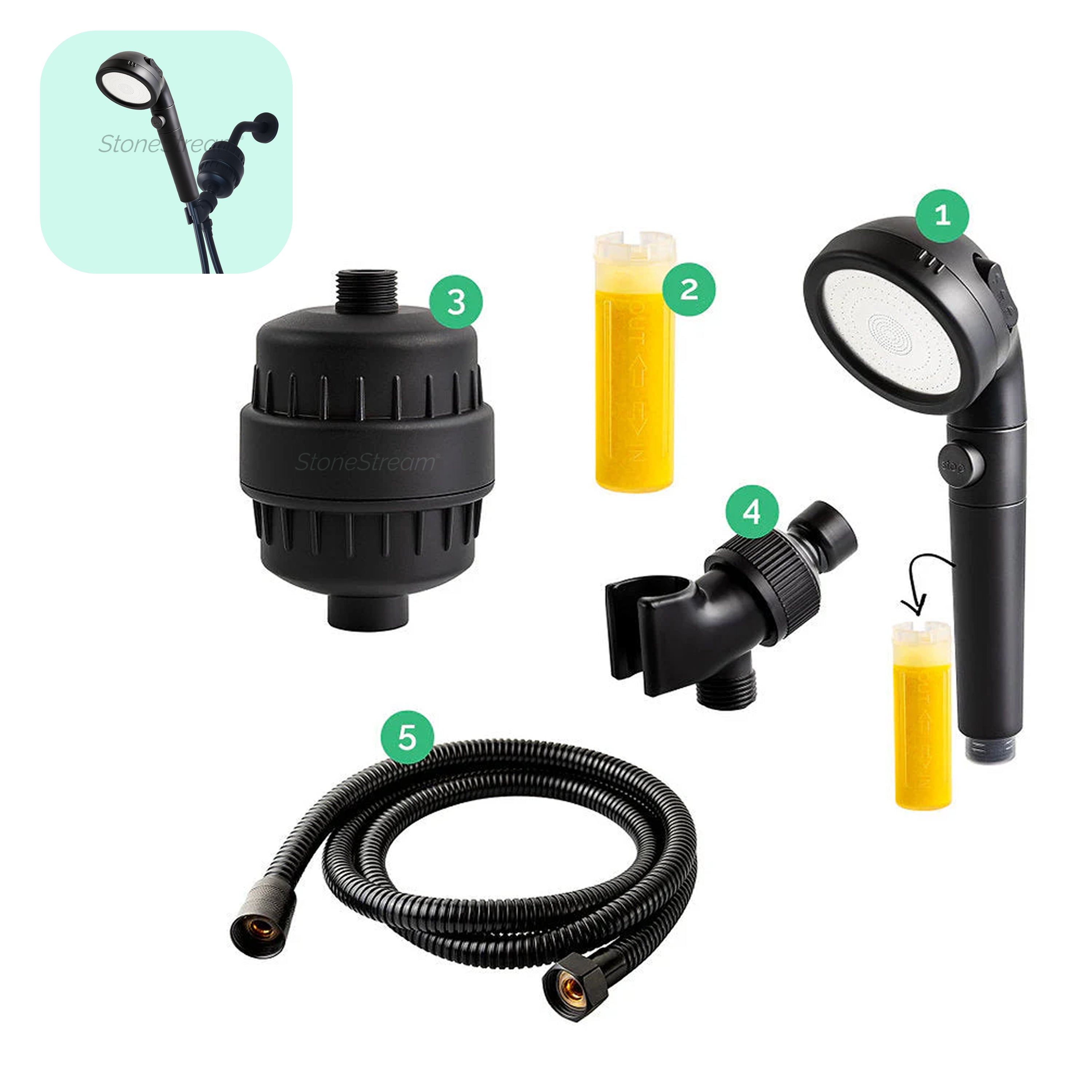 Black Ecopower Shower Head with Hard Water Filtration Kit