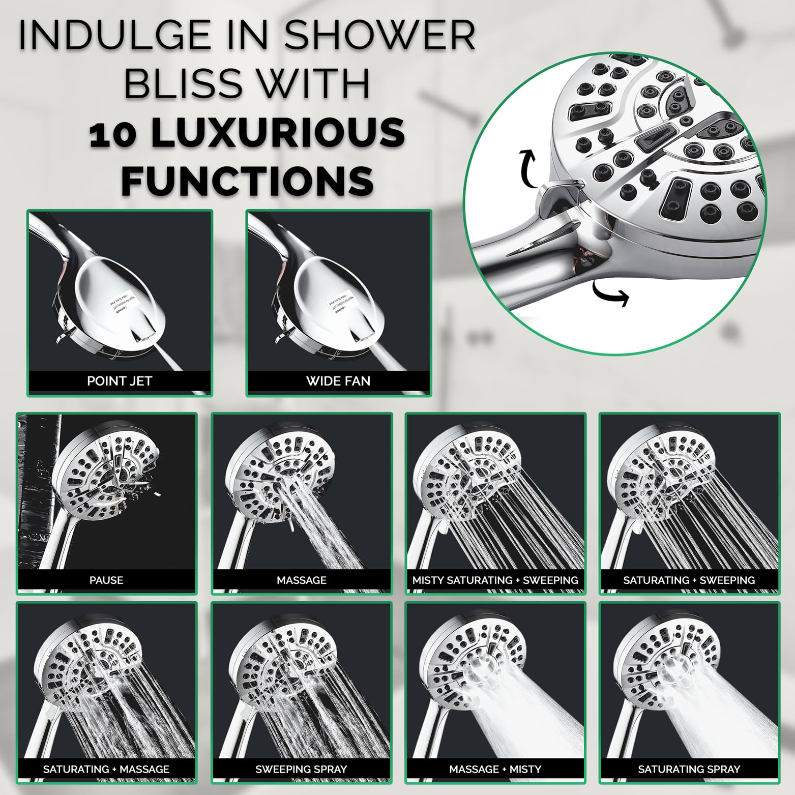 EcoLux 10 mode High Pressure Shower head with Wall Adapter Kit